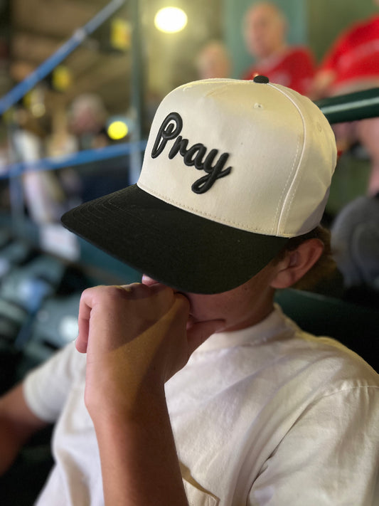 Pray - 5 Panel Mid Profile Baseball Cap - Tan/Black